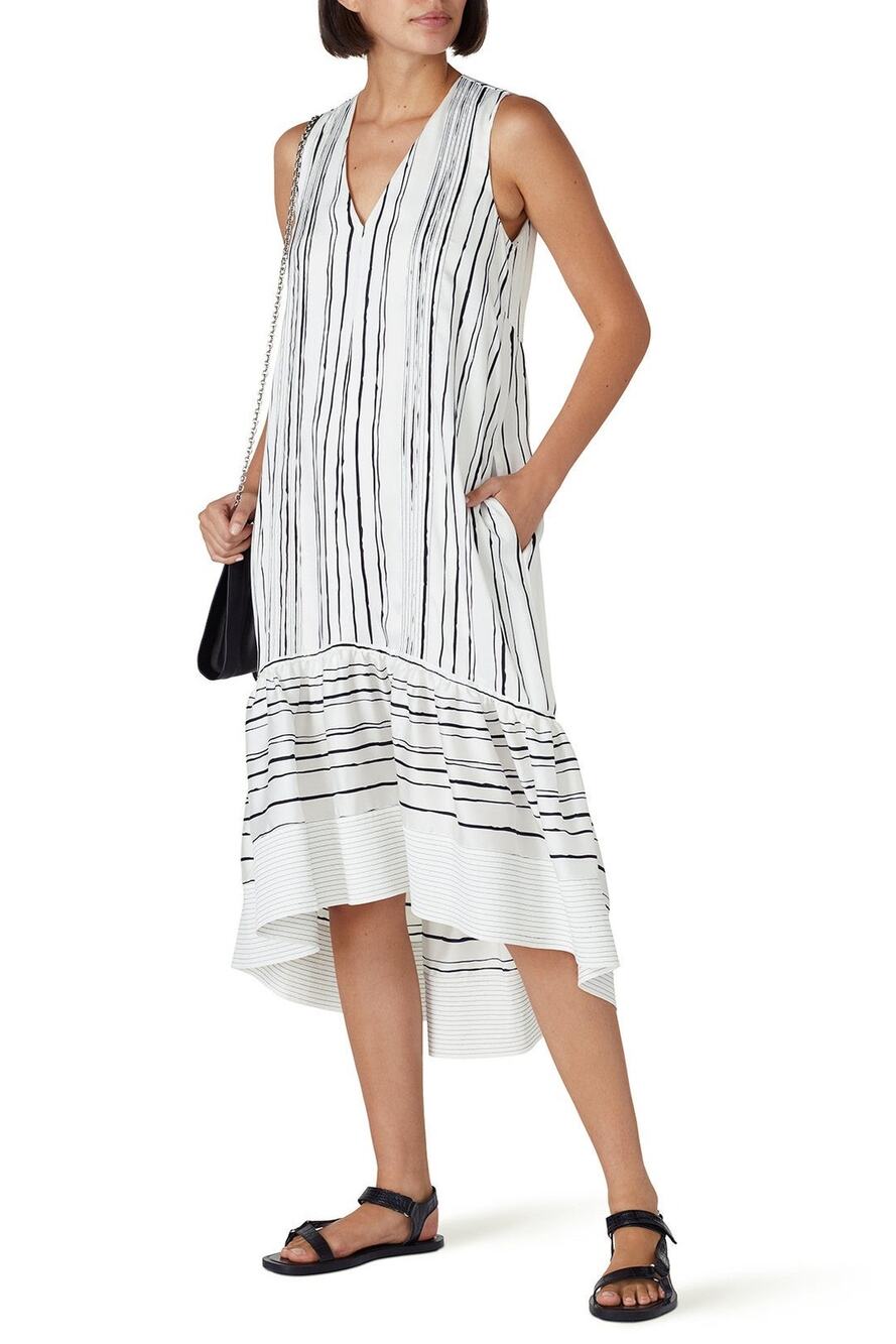 3.1 Phillip Lim High Low Painted White Striped Sleeveless V-Neck Midi Dress 2